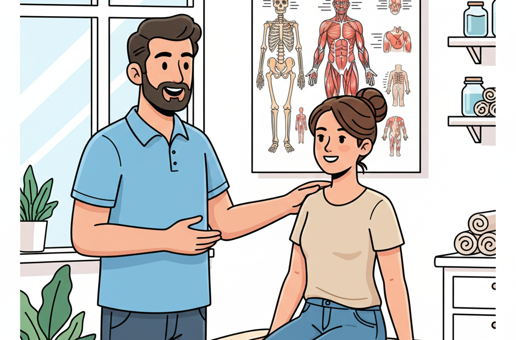 Illustration d'un ostéopathe homme effectuant un bilan préventif sur une patiente.