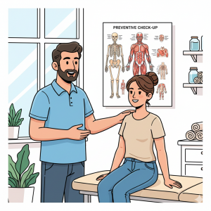 Illustration d'un ostéopathe homme effectuant un bilan préventif sur une patiente.