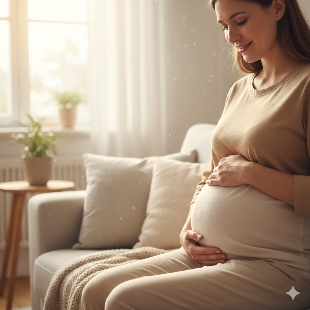 Femme enceinte assise avec douleurs du bassin - Ostéopathe Bischwiller