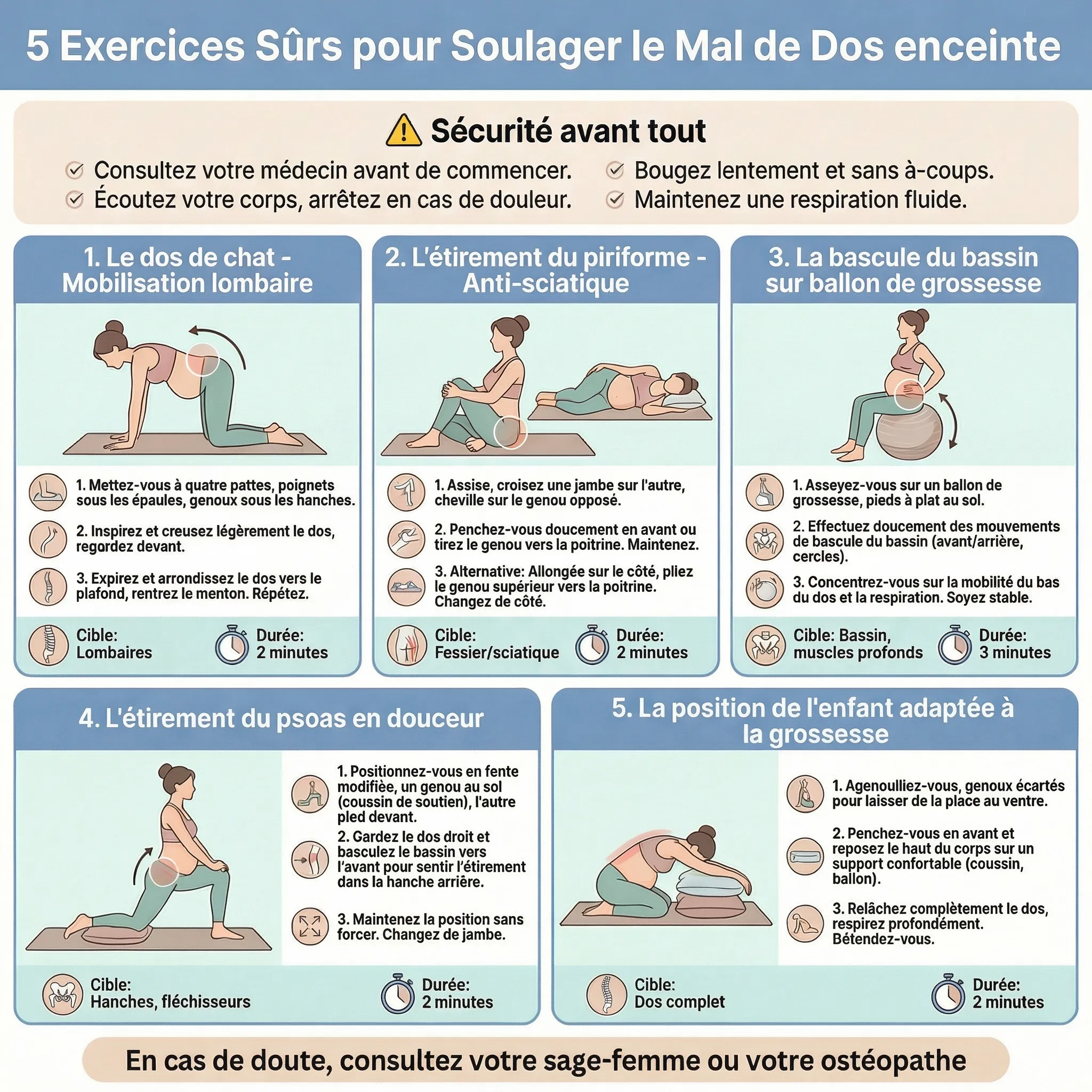 Exercices femme enceinte  pour soulager mal de dos grossesse