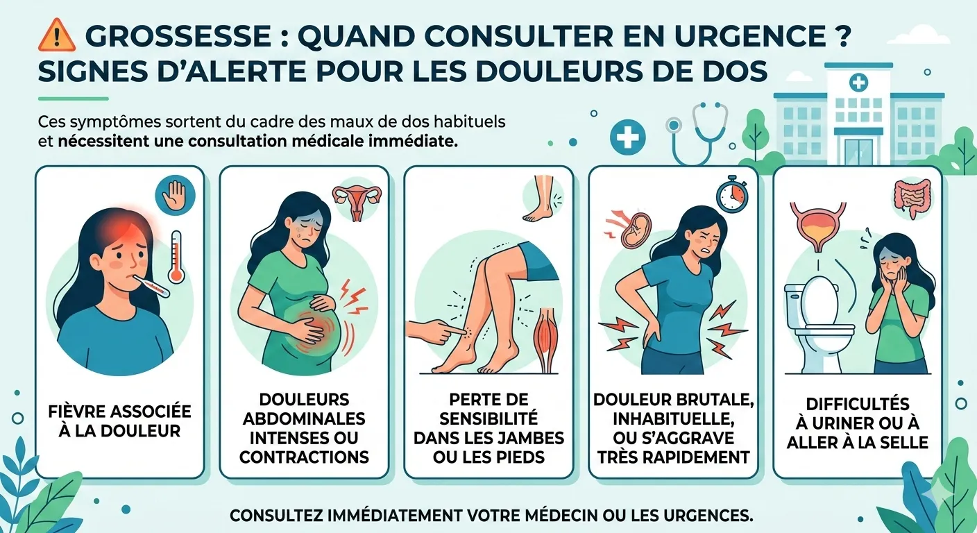 Pourquoi j’ai plus mal au dos la nuit enceinte ? Infographie des signes d’alerte (fièvre, contractions, perte de sensibilité) nécessitant une consultation médicale urgente.