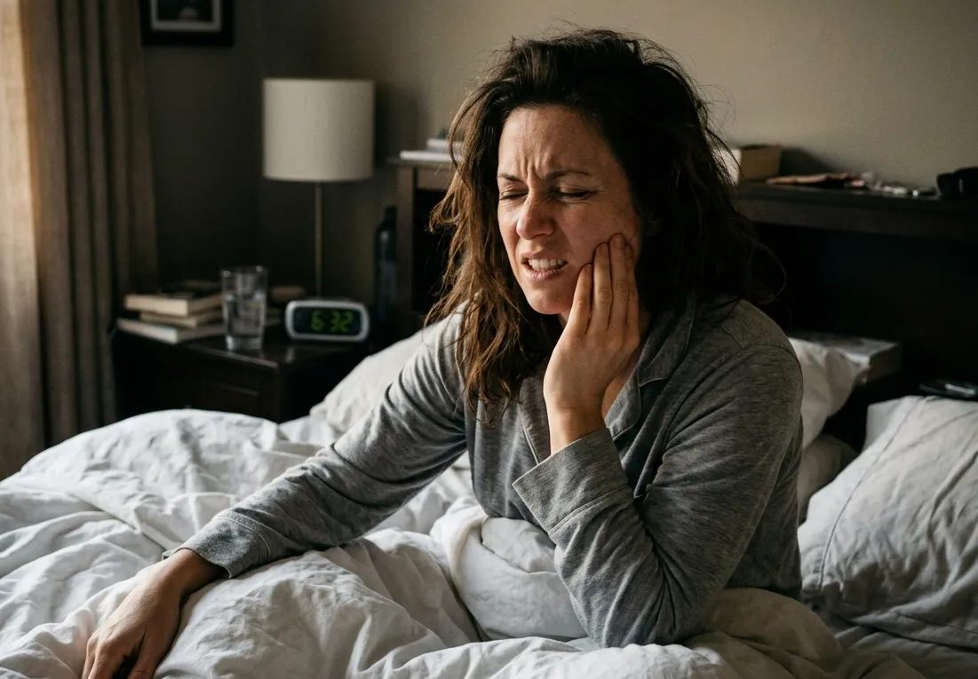 Photographie réaliste d'une personne dans son lit au réveil, touchant sa mâchoire avec une grimace de douleur, illustrant les tensions maxillaires matinales.