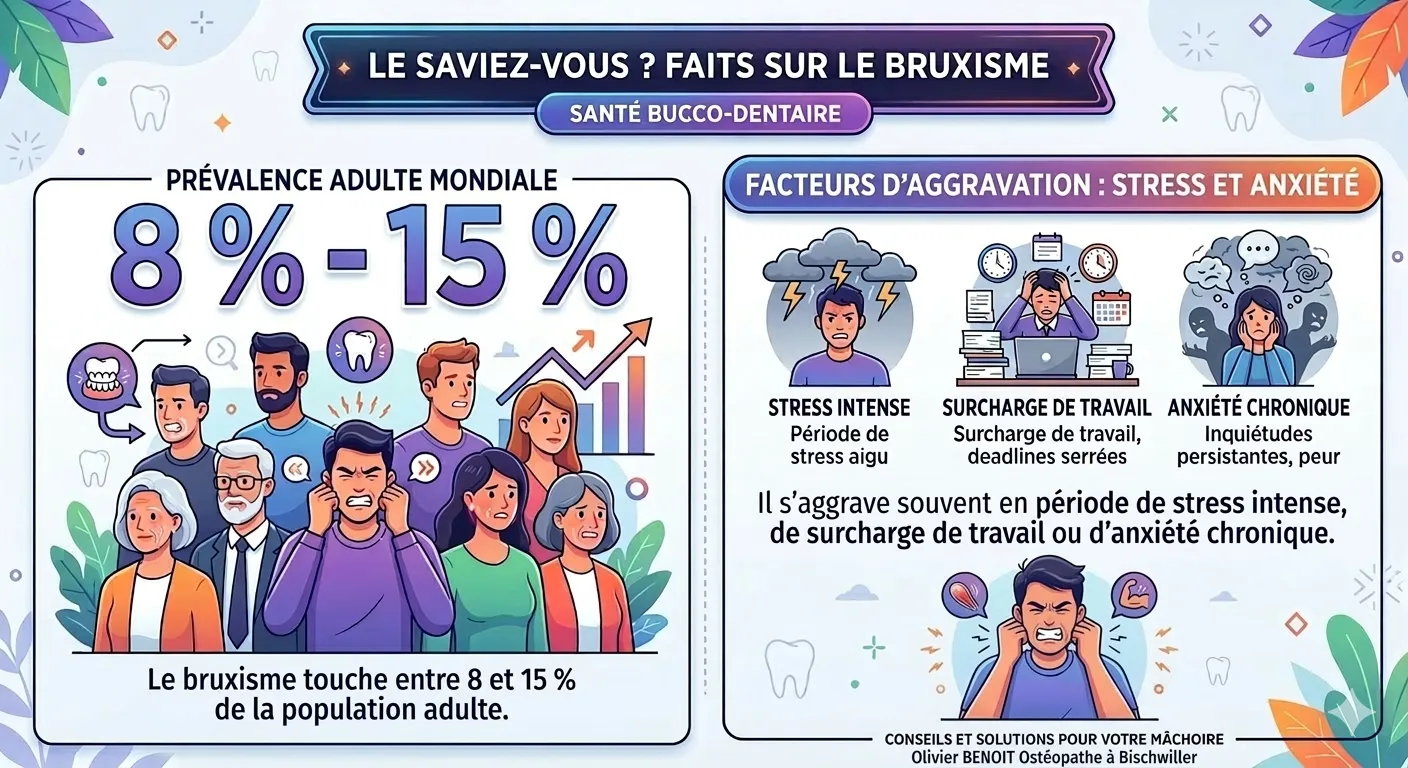 Infographie éducative sur le bruxisme expliquant qu'il touche 8 à 15 % de la population adulte. Elle illustre les facteurs aggravants comme le stress intense, la surcharge de travail et l'anxiété chronique. Création par Olivier BENOIT, ostéopathe à Bischwiller.