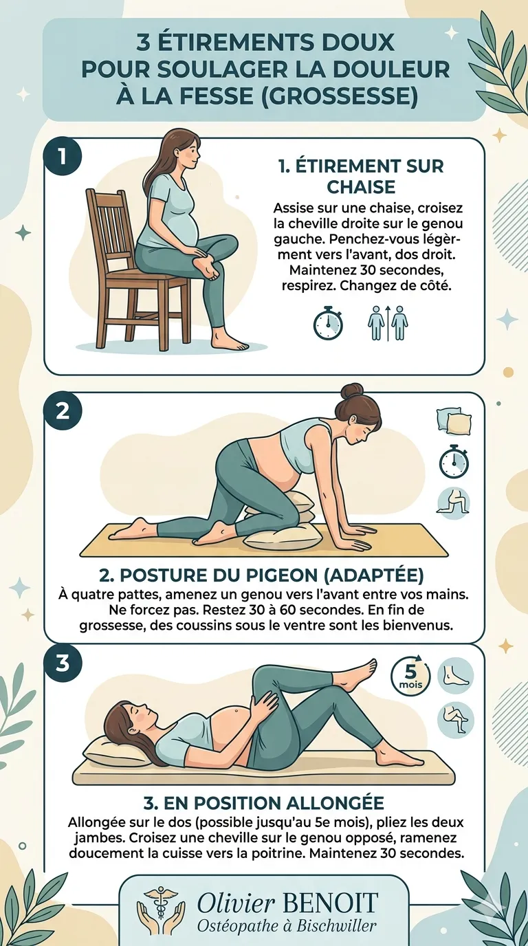 Infographie présentant 3 étirements doux pour soulager la douleur à la fesse pendant la grossesse par Olivier BENOIT, ostéopathe à Bischwiller.