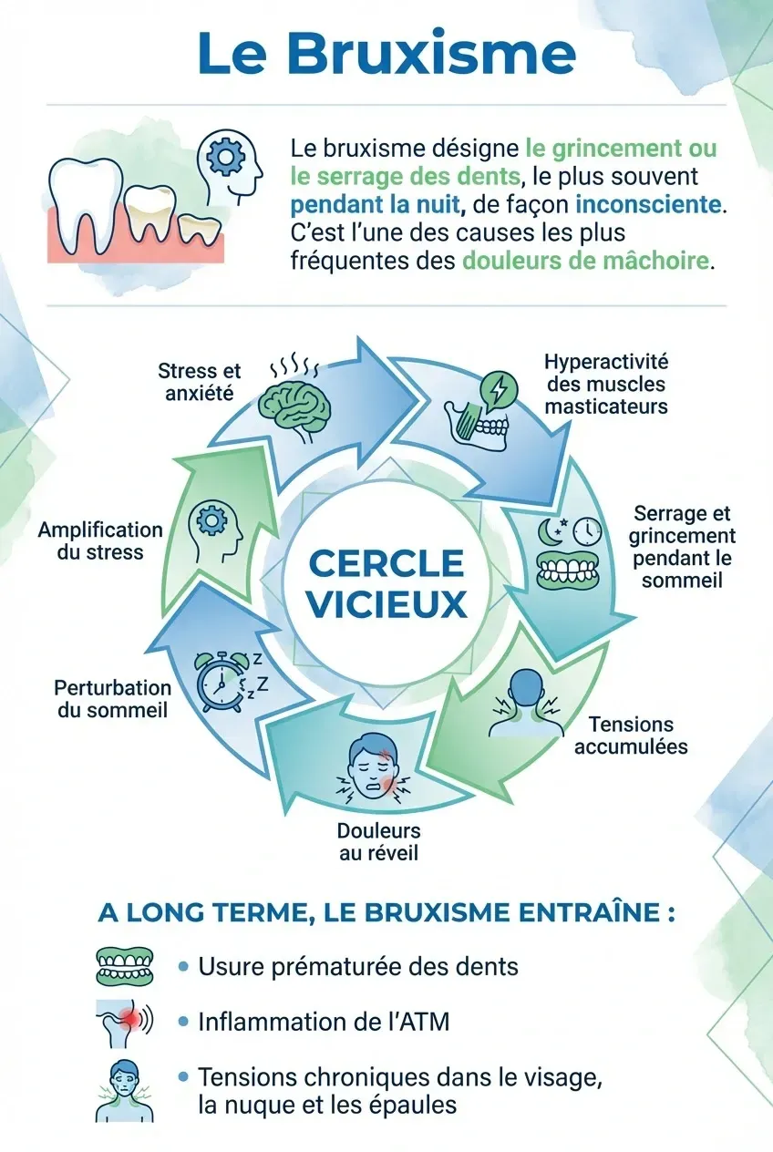 schéma du cercle vicieux du bruxisme : lien entre stress, serrage de dents nocturne et douleurs de mâchoire à Bischwiller