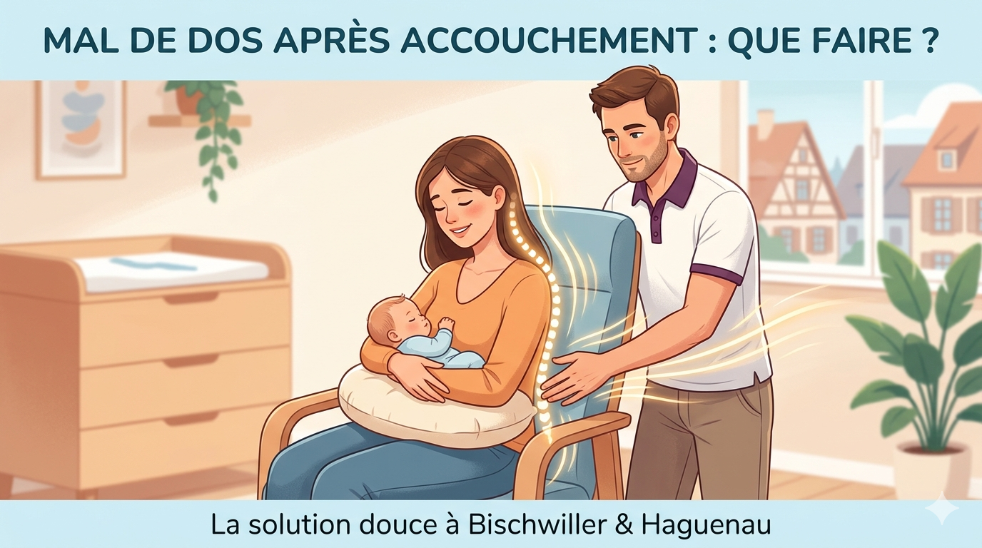 Illustration d'une séance d'ostéopathie post-partum à Bischwiller pour soulager le mal de dos après l'accouchement.