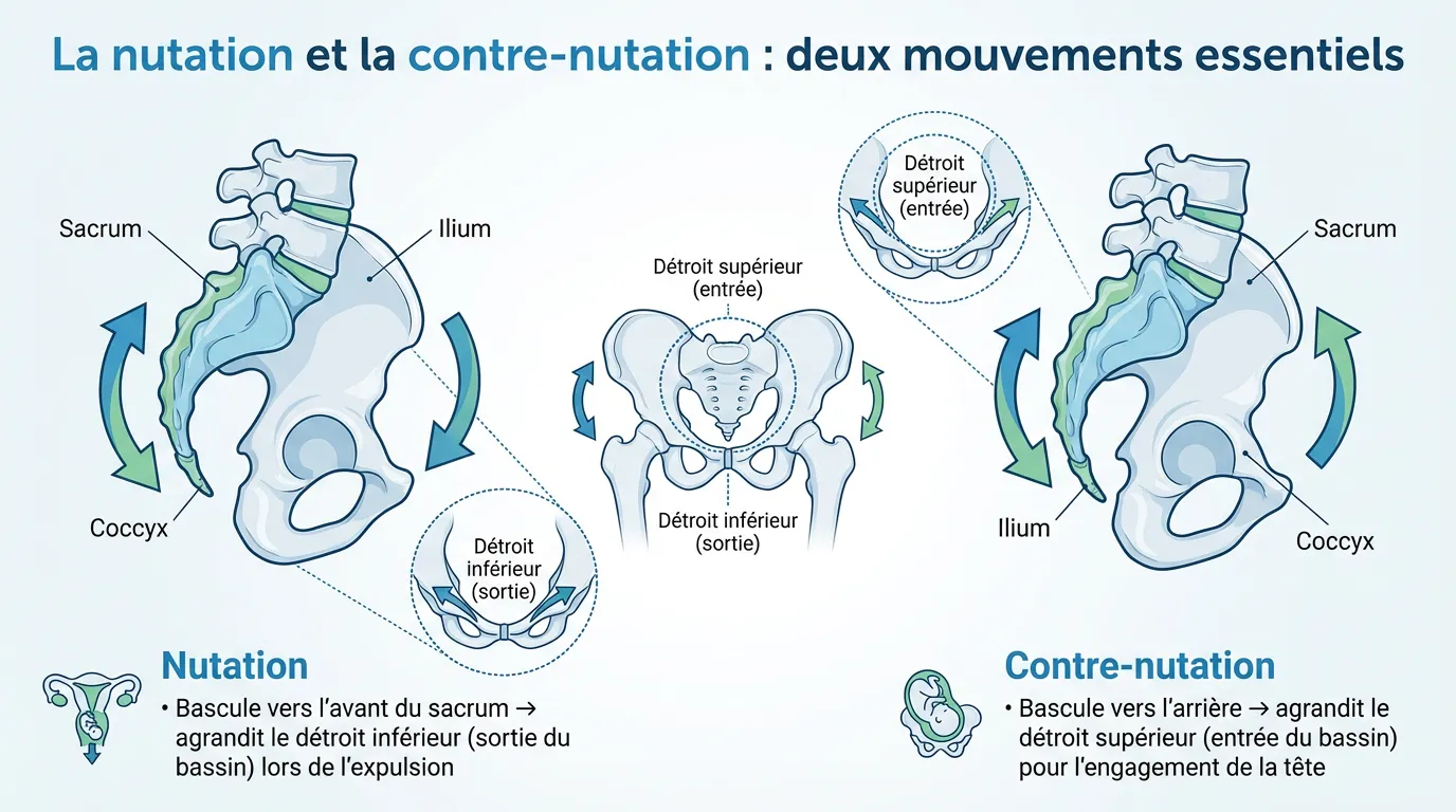 Schéma anatomique de la mobilité du bassin montrant les mouvements de nutation et contre-nutation pour l'ouverture des détroits supérieur et inférieur lors de l'accouchement.