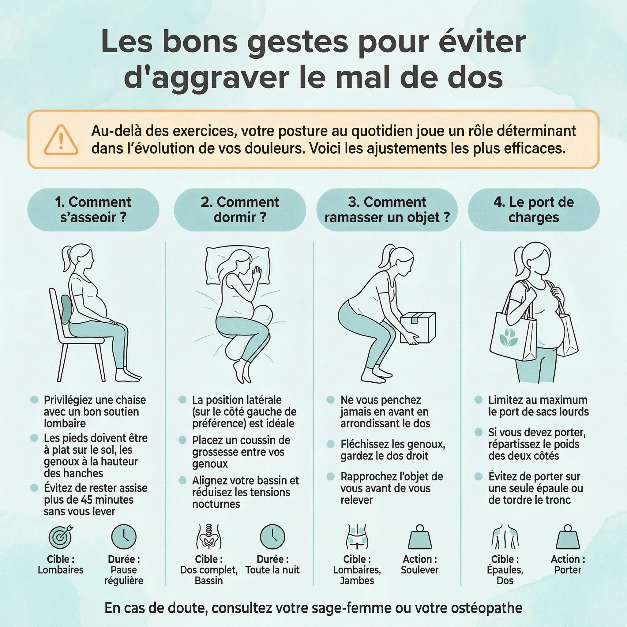 Infographie sur les postures à adopter pendant la grossesse pour éviter le mal de dos, par Olivier BENOIT, ostéopathe à Bischwiller