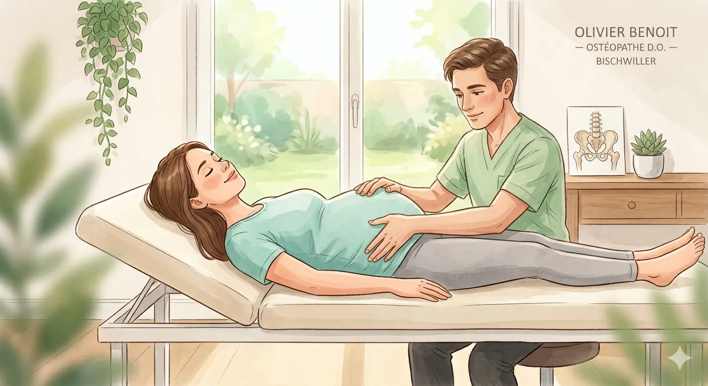 Consultation d'ostéopathie douce pour femme enceinte au premier trimestre au cabinet d'Olivier BENOIT à Bischwiller