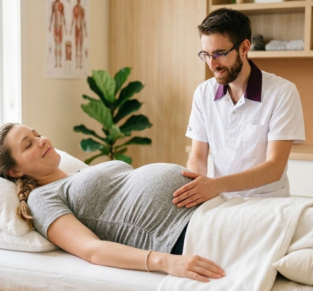  Ostéopathe Olivier BENOIT manipulant avec douceur le ventre d'une femme enceinte dans son cabinet à Bischwiller pour expliquer les bienfaits et la sécurité des soins.