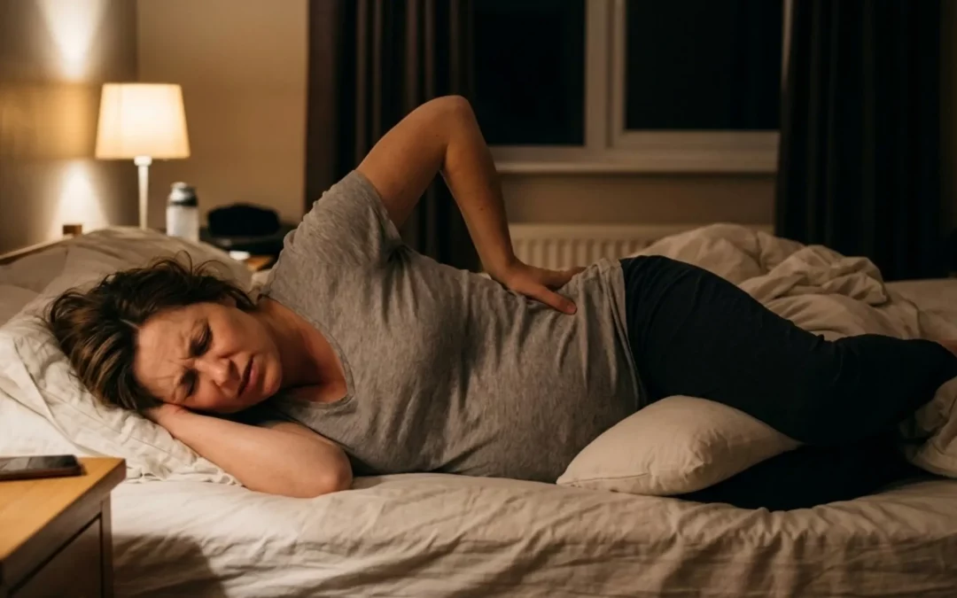 Femme enceinte souffrant de douleurs lombaires la nuit, illustrant la question : pourquoi j'ai plus mal au dos la nuit enceinte ?