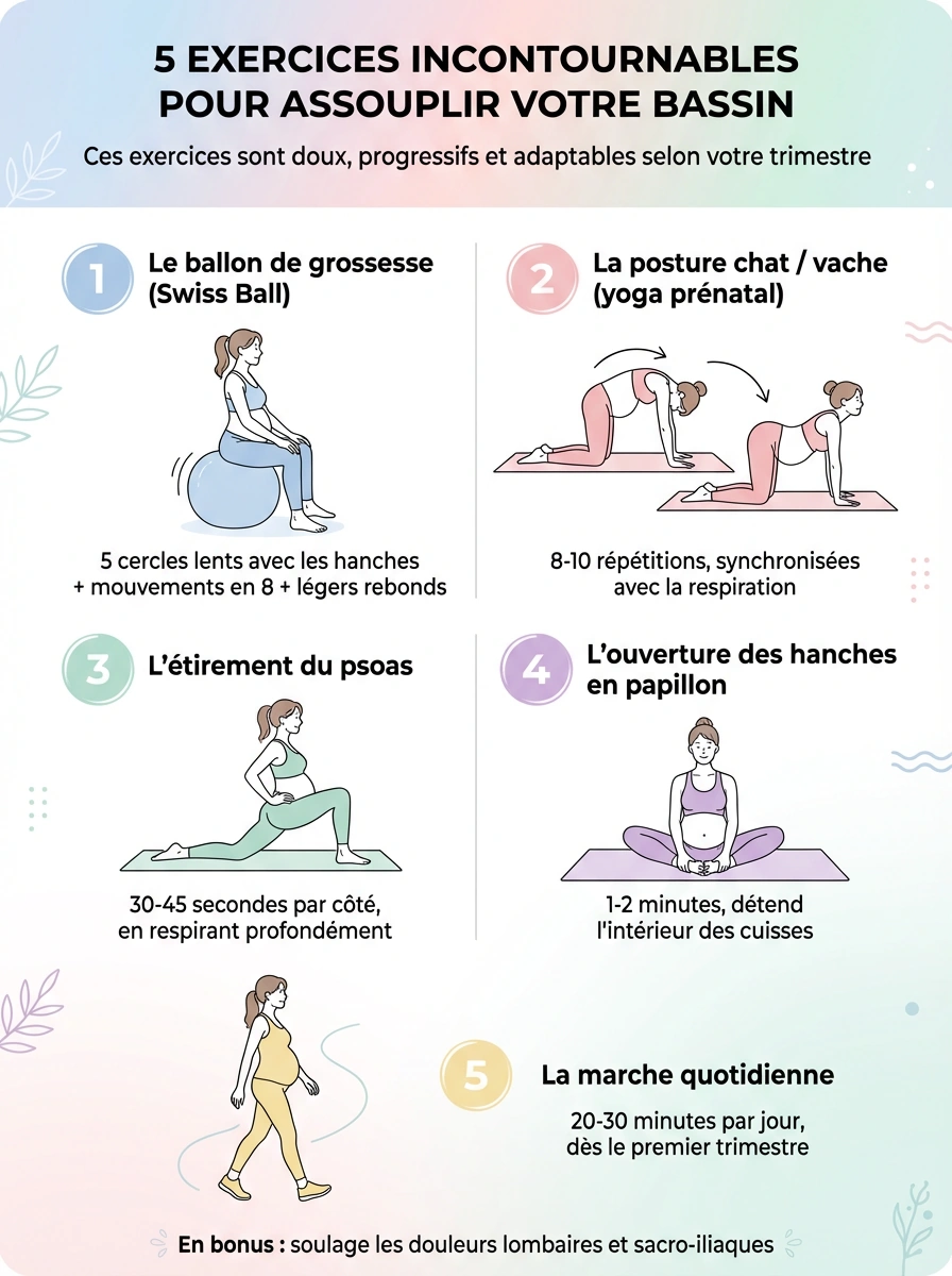 Infographie présentant 5 exercices pour assouplir le bassin avant l'accouchement : ballon de grossesse, posture chat-vache, étirement du psoas, position papillon et marche quotidienne.