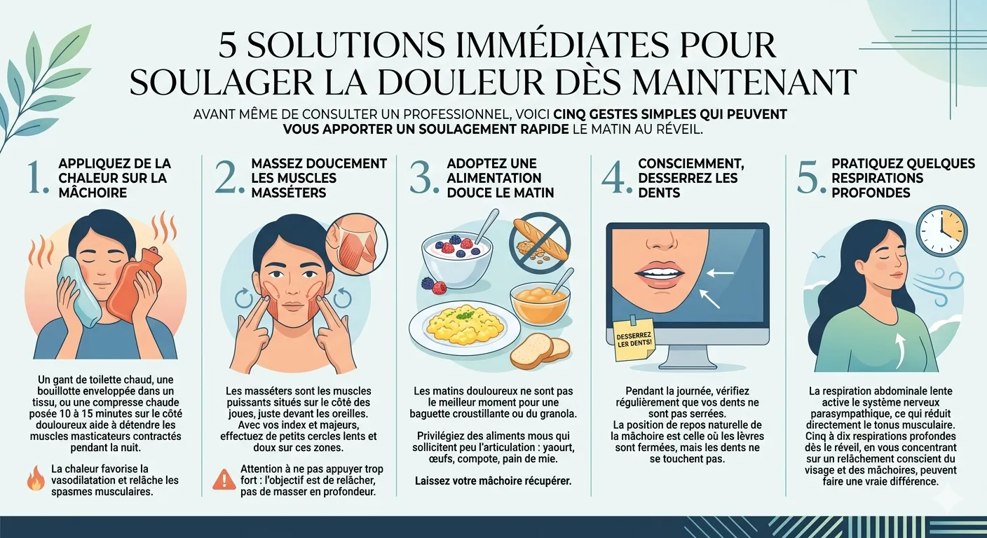 Infographie présentant 5 conseils d'Olivier BENOIT, ostéopathe à Bischwiller proche de Haguenau, pour soulager les douleurs de mâchoire au réveil : chaleur, massage des masséters, alimentation douce, relâchement des dents et respiration.