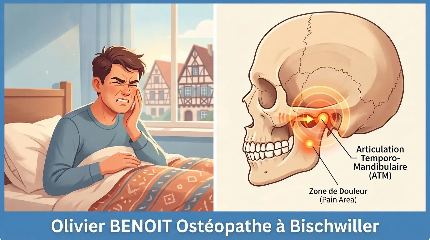 Illustration divisée en deux pour un article sur la douleur de la mâchoire à Bischwiller. À gauche, un homme au lit souffre et se tient la mâchoire. À droite, un diagramme anatomique précis du crâne pointe vers l'Articulation Temporo-Mandibulaire (ATM) et sa zone douloureuse. Le bandeau bleu inférieur indique : Olivier BENOIT Ostéopathe à Bischwiller.