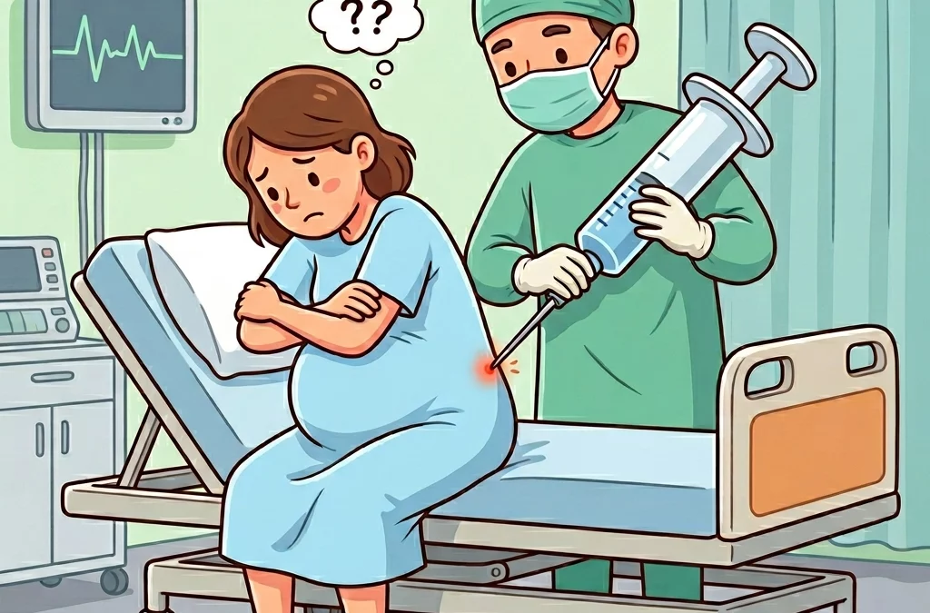 Illustration de style cartoon montrant une femme enceinte recevant une péridurale avec une aiguille de taille exagérée pour un article sur la douleur de dos après l'accouchement. Olivier BENOIT Ostéopathe à Bischwiller