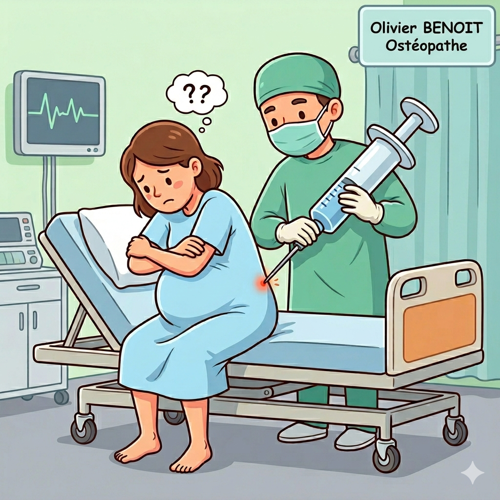 Illustration de style cartoon montrant une femme enceinte recevant une péridurale avec une aiguille de taille exagérée pour un article sur la douleur de dos après l'accouchement.
Olivier BENOIT Ostéopathe à Bischwiller