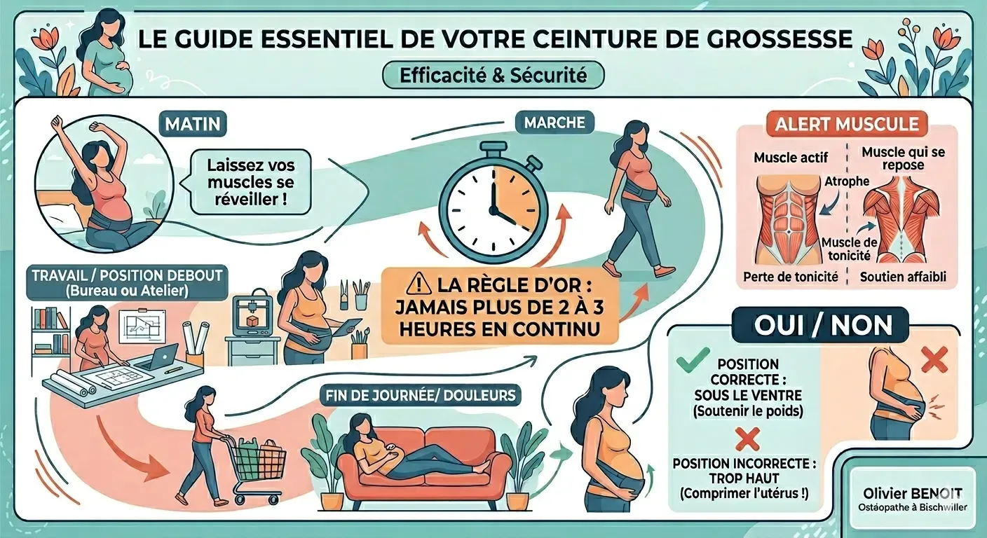 Infographie expliquant comment porter une ceinture de grossesse : règle des 2 à 3 heures maximum pour éviter la perte de tonicité musculaire et positionnement correct sous le ventre. Conseils par Olivier Benoit, ostéopathe.