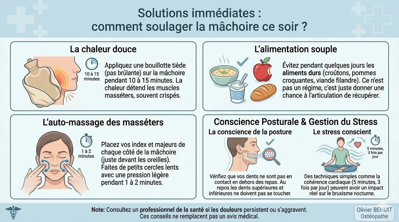 Infographie présentant 5 méthodes naturelles pour soulager une douleur à la mâchoire : chaleur, auto-massage des masséters, alimentation souple et gestion du stress. Par Olivier BENOIT Ostéopathe à Bischwiller