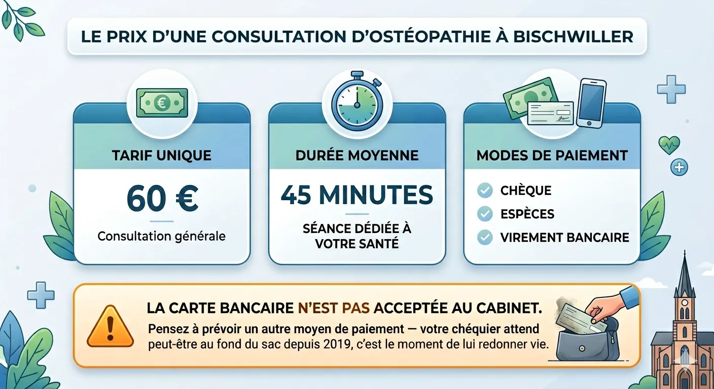 Infographie détaillant les tarifs d'ostéopathie à Bischwiller : tarif unique à 60€, durée moyenne 45 minutes dédiée à votre santé. Moyens de paiement acceptés : chèque, espèces, virement bancaire. Attention la carte bancaire n'est pas acceptée au cabinet.