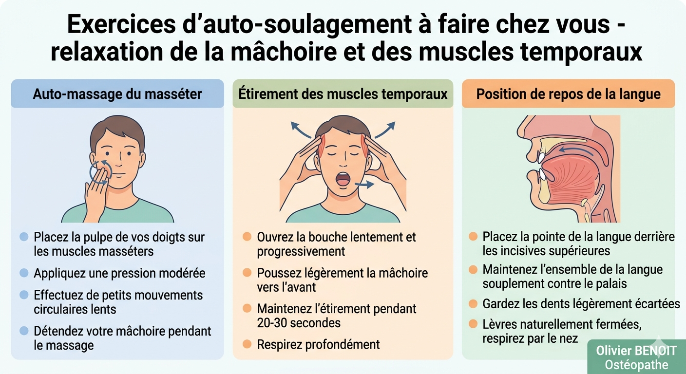Infographie montrant des exercices d’auto-soulagement pour détendre l’articulation temporo-mandibulaire (ATM), réduire les tensions de la mâchoire et soulager migraines et bruxisme.