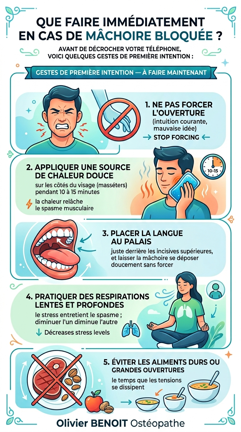 Infographie des 5 gestes d'urgence pour débloquer une mâchoire bloquée par Olivier BENOIT, ostéopathe à Bischwiller.