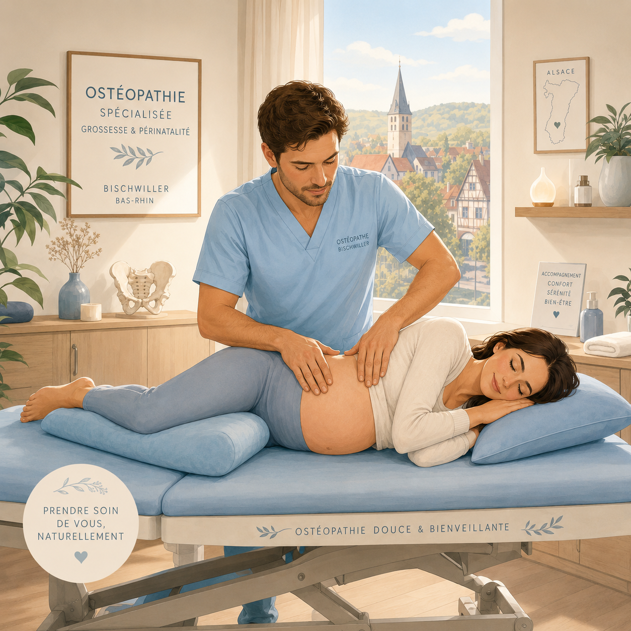 Ostéopathe traitant une femme enceinte avec des techniques douces au cabinet de Bischwiller