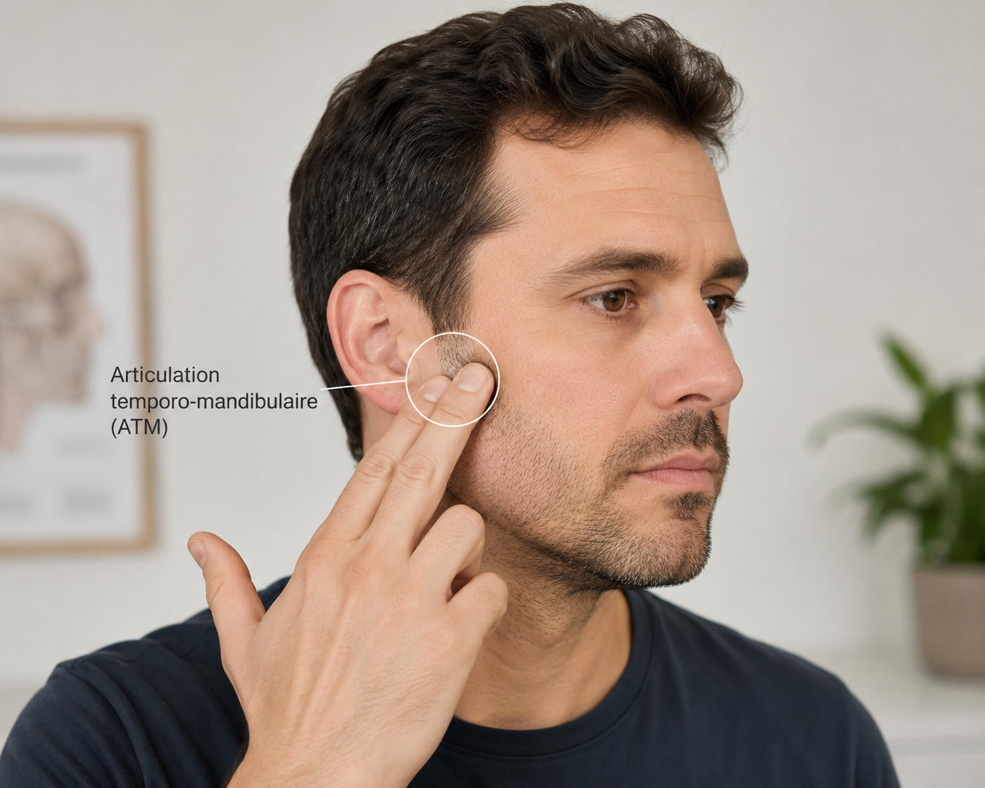 Homme palpant l’articulation temporo-mandibulaire (ATM) au niveau de la joue pour identifier une douleur de mâchoire responsable de migraines et tensions cervicales – Ostéopathe à Bischwiller.