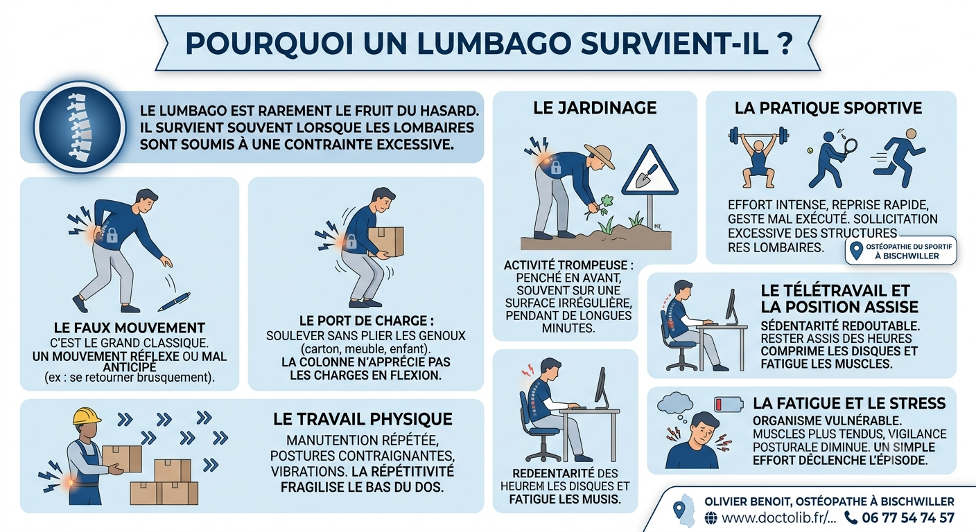 Infographie flat design expliquant pourquoi un lumbago survient : faux mouvement, port de charge, jardinage, sport, travail physique, sédentarité et stress.