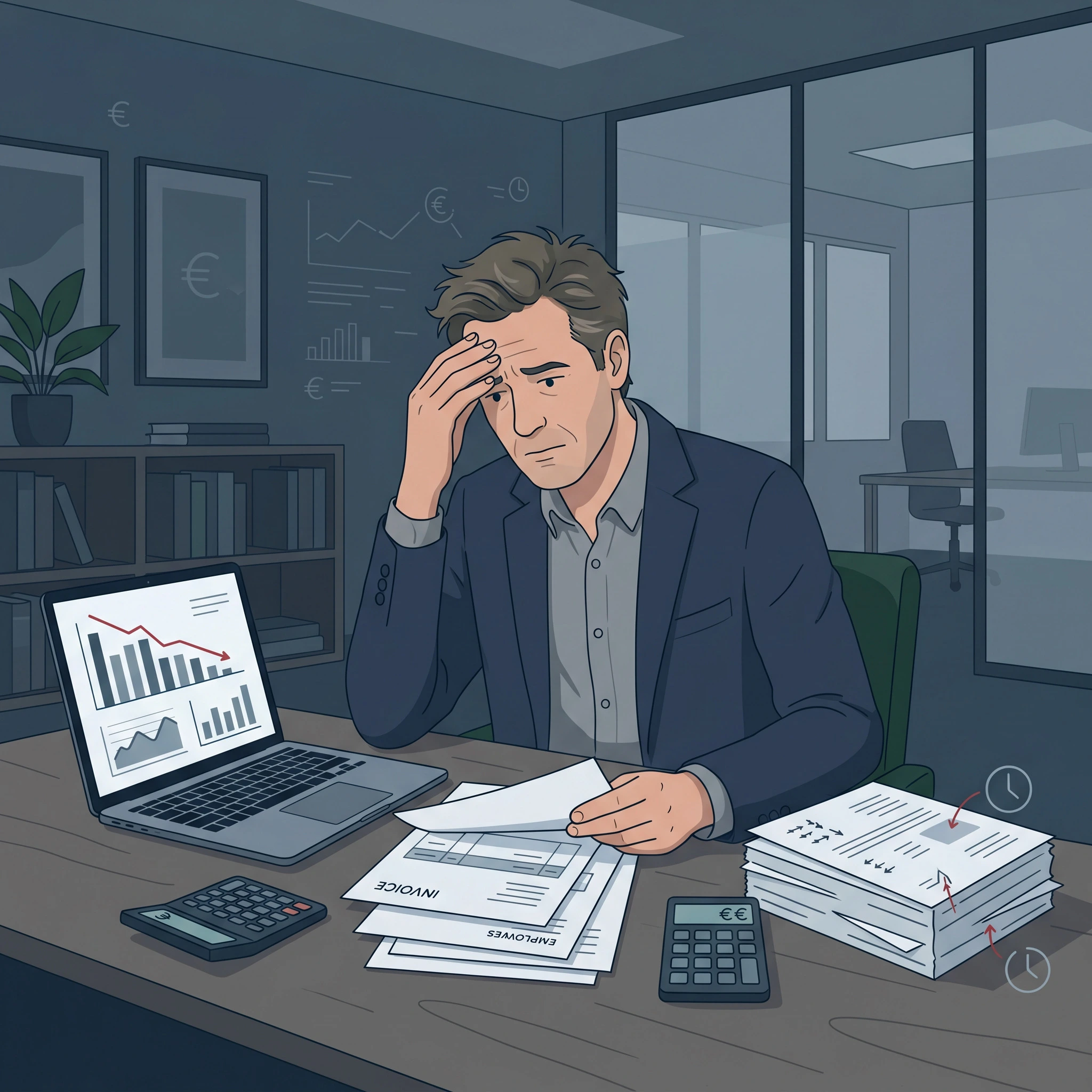 Dirigeant de PME préoccupé face aux coûts d'un arrêt maladie – calculatrices, factures et graphiques en baisse sur son bureau.<br />
Olivier BENOIT ostéopathe à Bischwiller effectue des consultations d'ostéopathie en entreprise.