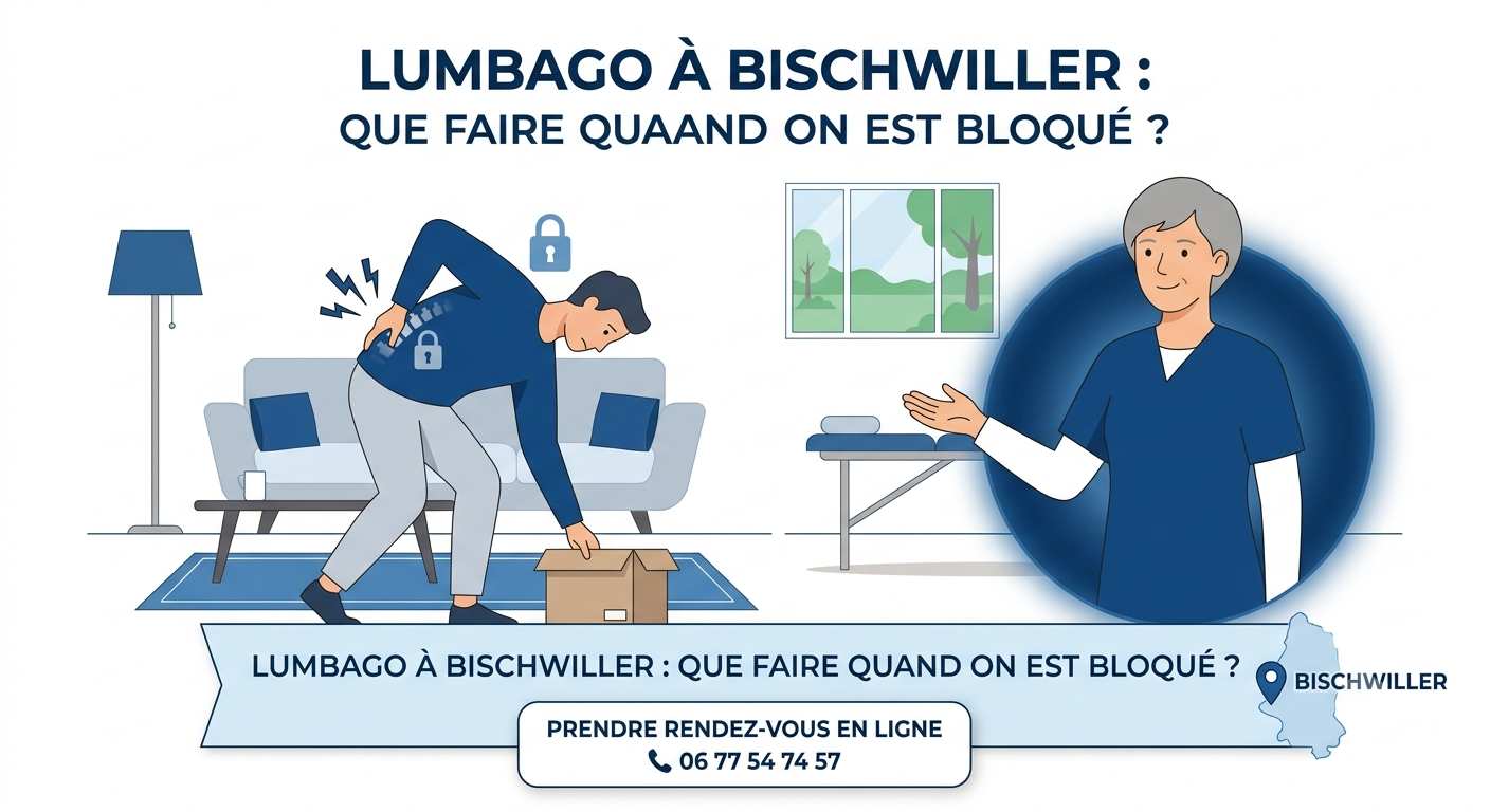 Illustration de style flat design montrant un homme bloqué du dos en ramassant un carton et un ostéopathe bienveillant à Bischwiller.