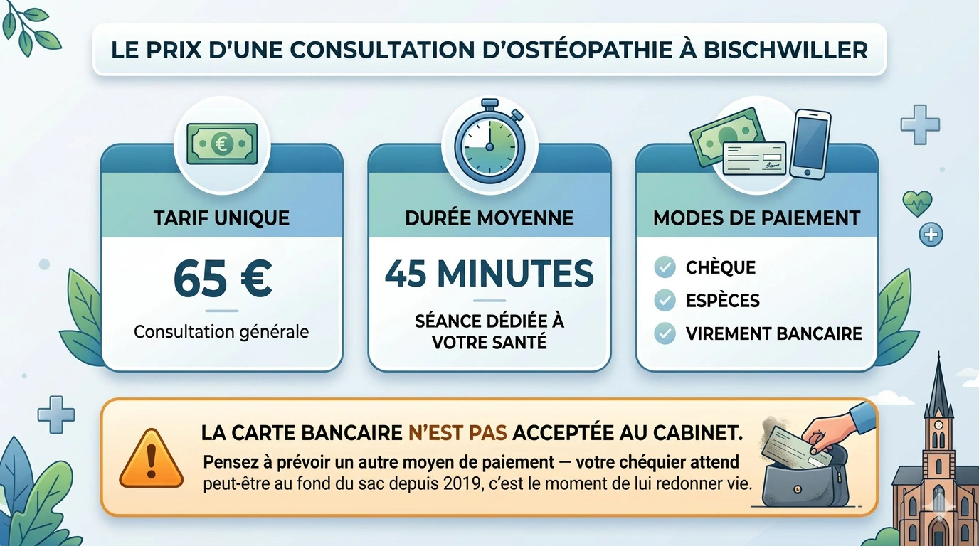 Prix de la consultation d'ostéopathie avec Olivier BENOIT Ostéopathe à Bischwiller : 65€<br />
Cabinet d'ostéopathie proche de Haguenau, Drusenheim.