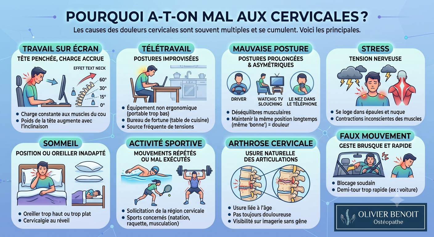Infographie des causes de la cervicalgie : travail sur écran, télétravail, mauvaise posture, stress, sommeil, sport, arthrose cervicale et faux mouvement.<br />
Infographie réalisée par Olivier BENOIT Ostéopathe dans la région de Haguenau