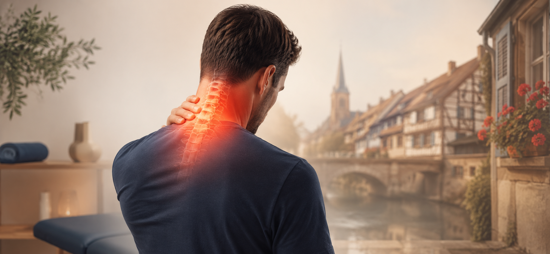 Homme souffrant de cervicalgie se tenant la nuque, vertèbres cervicales en surbrillance, ostéopathe Bischwiller
