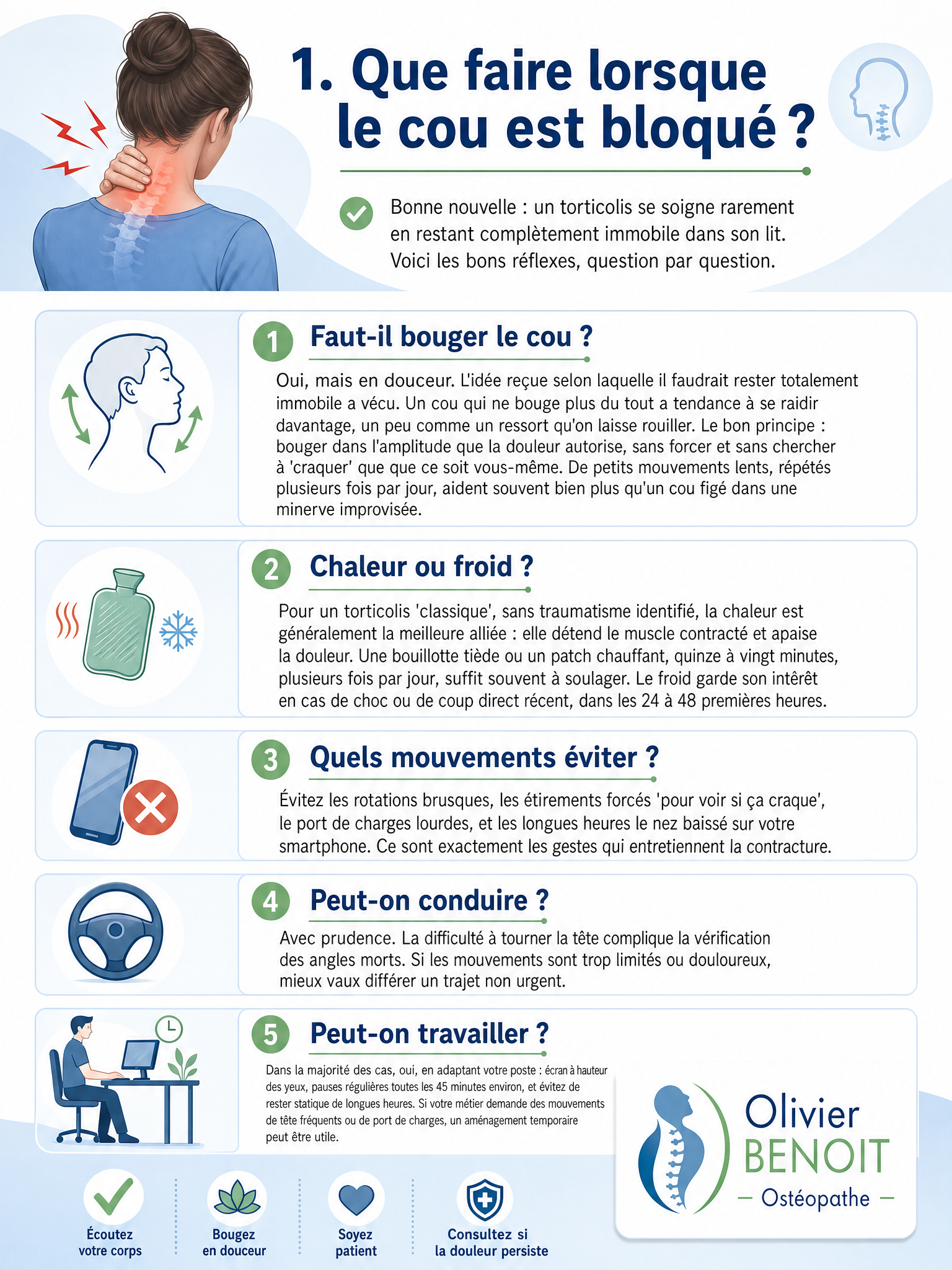 Infographie torticolis : que faire quand le cou est bloqué – conseils ostéopathe Bischwiller