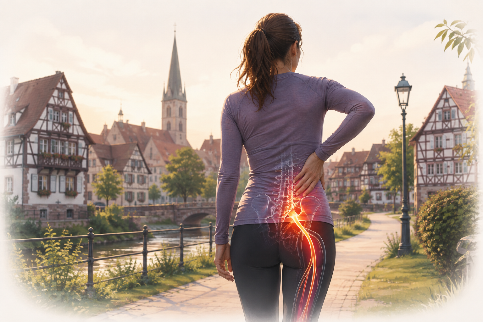 Femme souffrant de sciatique, nerf sciatique en surbrillance depuis le dos jusqu'à la jambe – ostéopathe Bischwiller