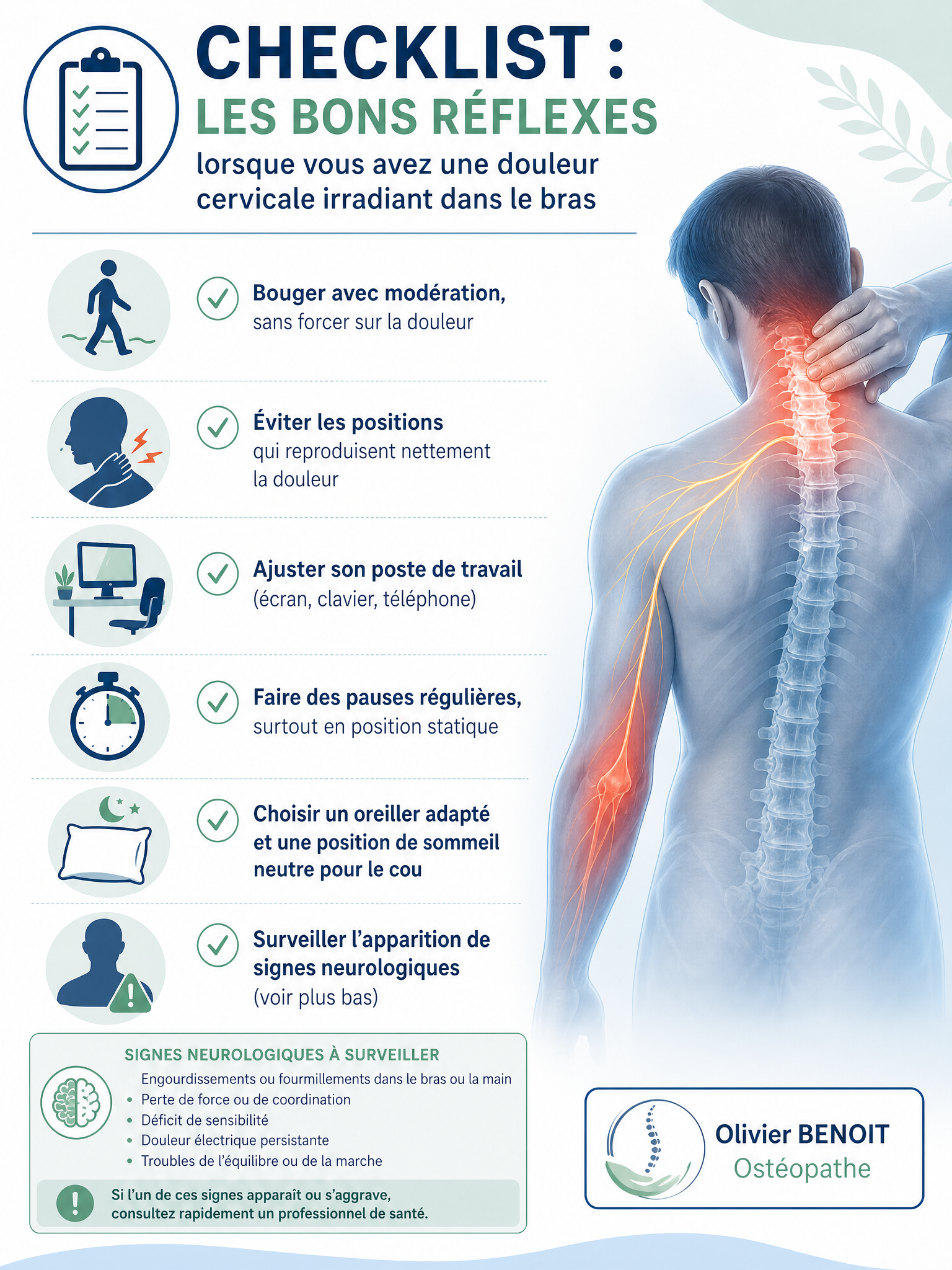 Checklist névralgie cervico-brachiale : 6 bons réflexes face à la douleur cervicale irradiant dans le bras – ostéopathe Bischwiller