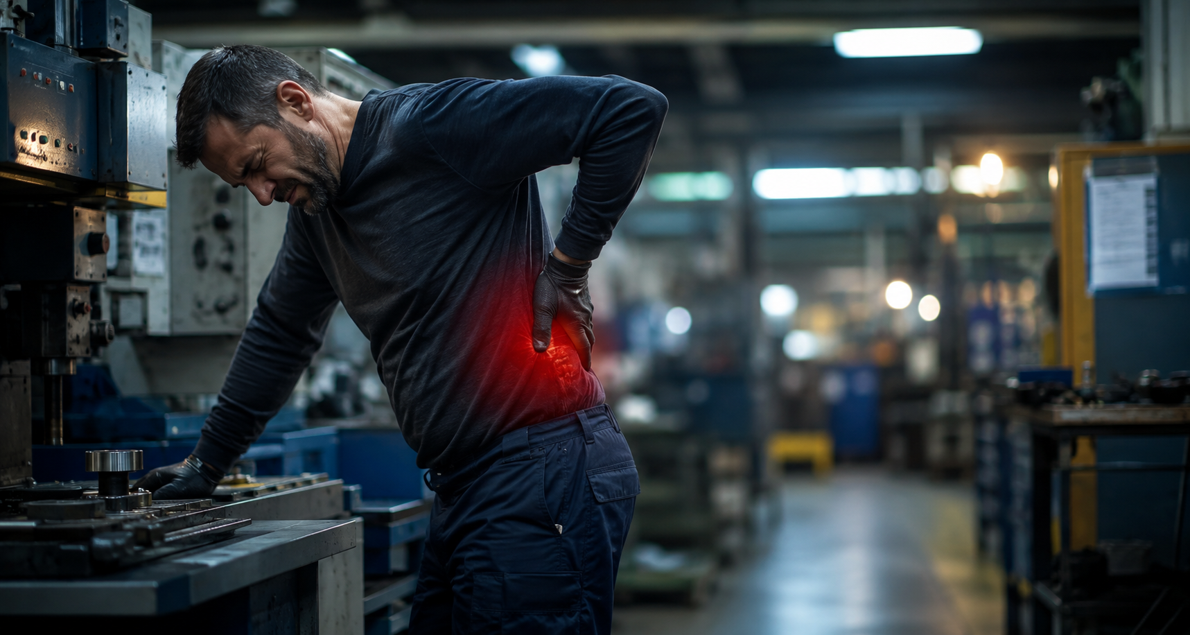 Ouvrier industriel se tenant le bas du dos, douleur lombaire liée au travail posté - ostéopathe à Bischwiller