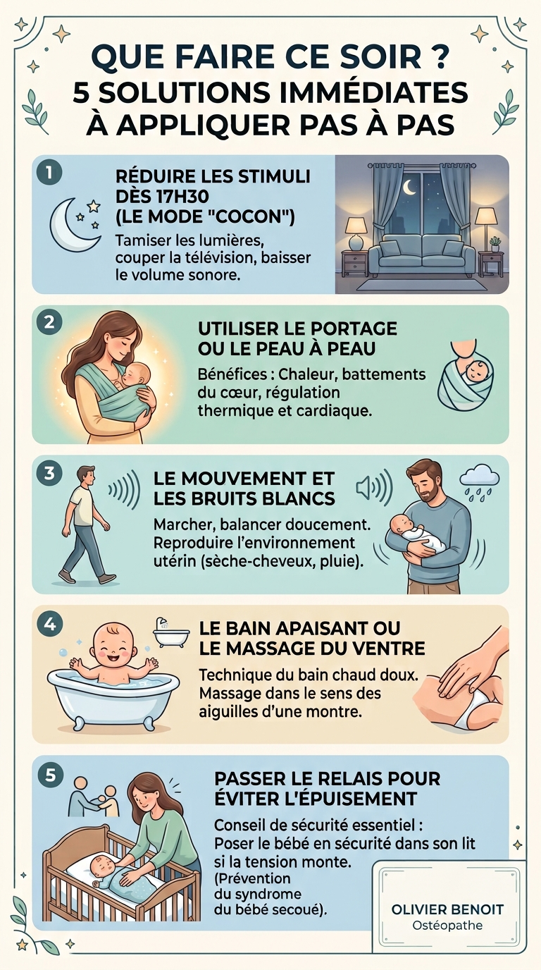 Infographie : 5 gestes pour apaiser les pleurs du soir d'un bébé (mode cocon, portage, mouvement, bain apaisant, passer le relais)