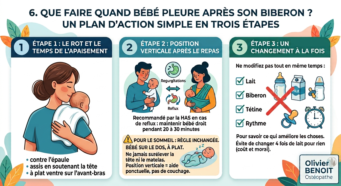 Infographie bébé pleure après biberon : 3 étapes – rot, position verticale, un changement à la fois – ostéopathe Bischwiller