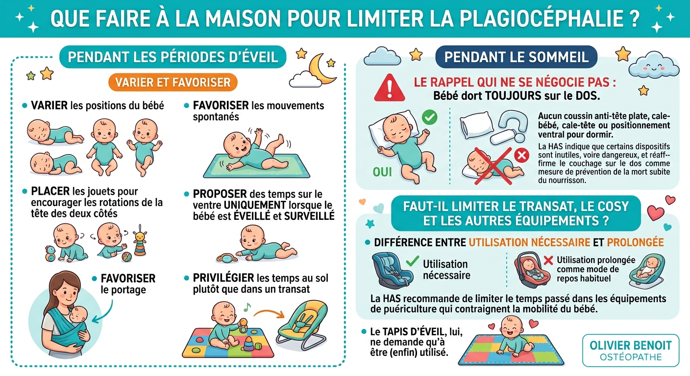 Infographie sur la prévention de la plagiocéphalie à la maison : couchage sur le dos, portage, temps sur le ventre surveillé, limitation du transat