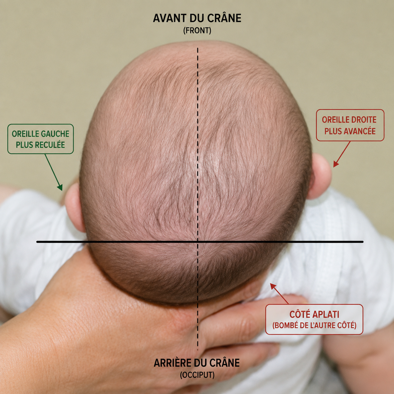 Schéma vue de dessus des signes de plagiocéphalie chez un bébé : aplatissement occipital, oreille avancée du côté plat, asymétrie du front